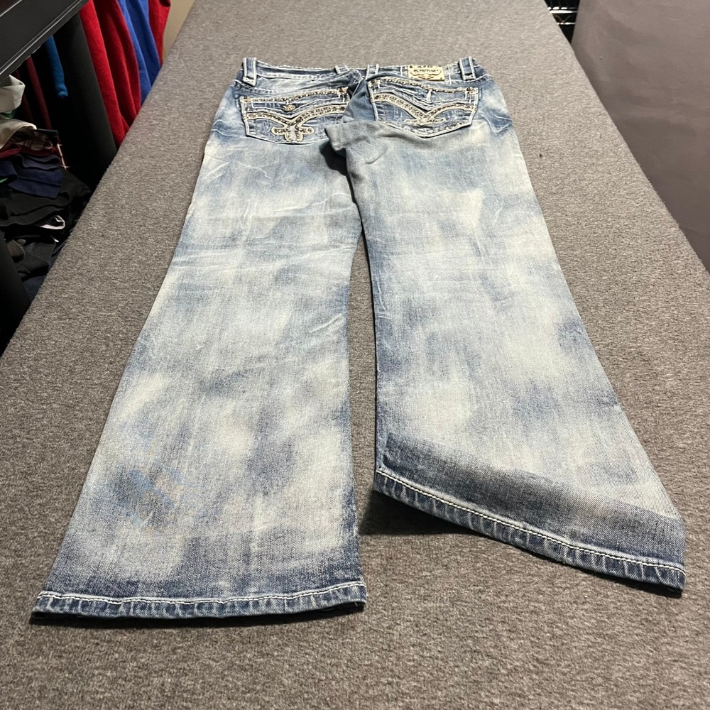 Rock Revival Penn Boot Mens Jeans 32x32 Light Wash Distressed Fleur De Lis